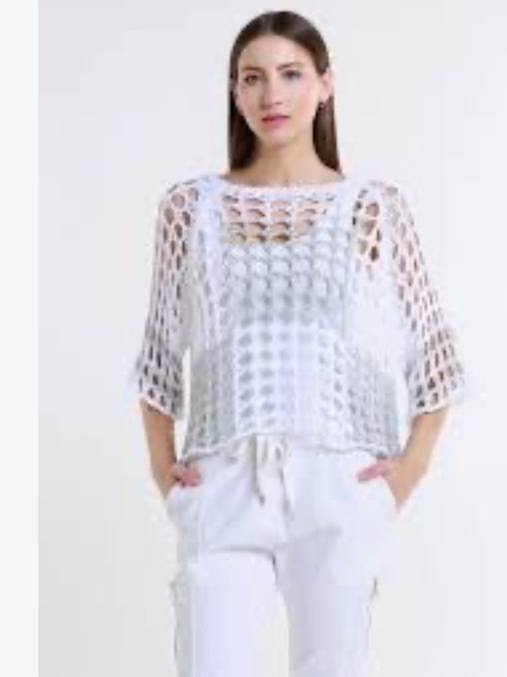 TINA Stephens ballet Women's White Crochet Openwork Pullover medium Top